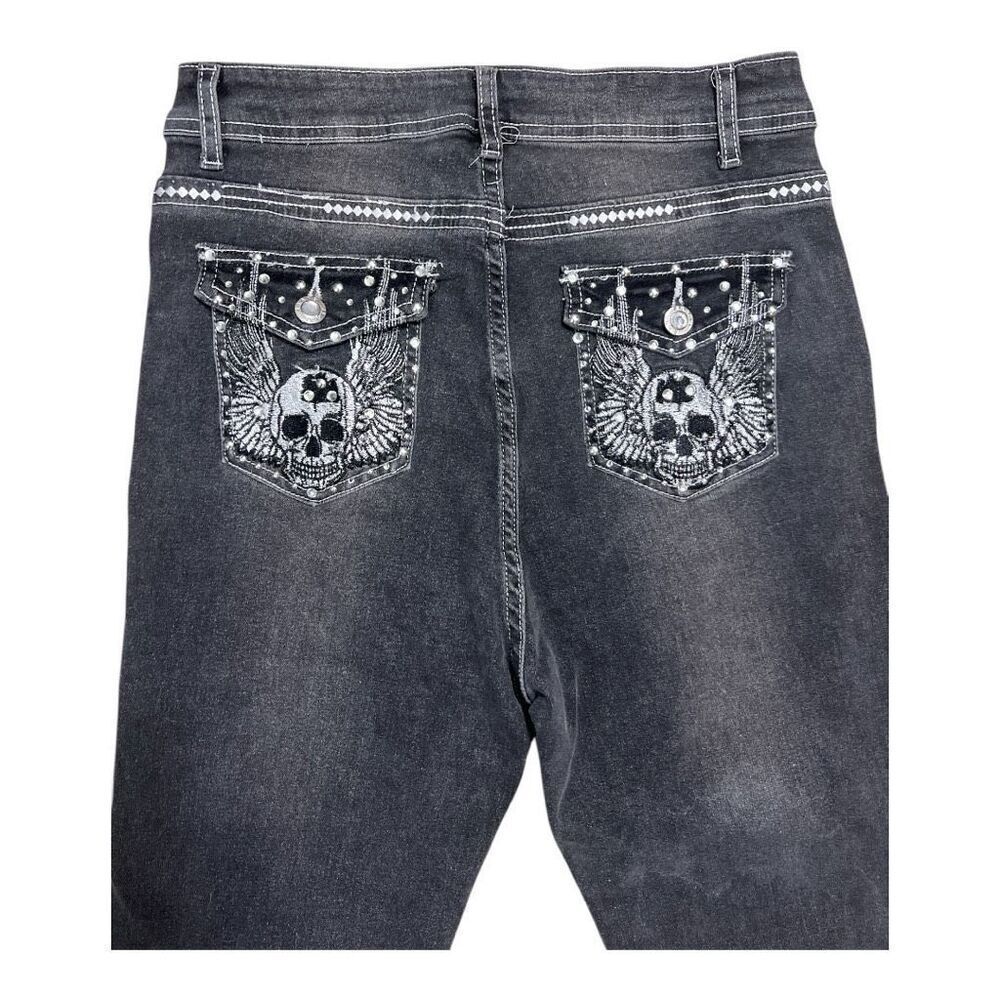 Women Grey Skull Wings Rhinestone Embroidered Stretch Denim Straight Jeans M - Picture 2 of 10